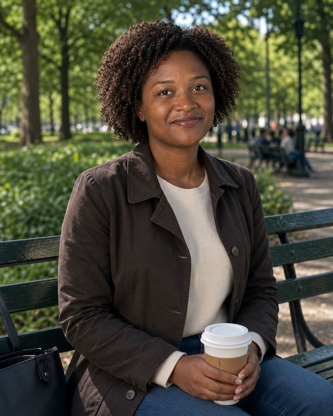 Ama Burnham, executive and career coach, seated in a New York City park
